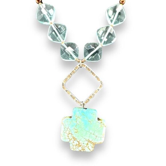 Pearl Cross Faux Turquoise Necklace .925 Sterling Silver - Picture 2 of 7
